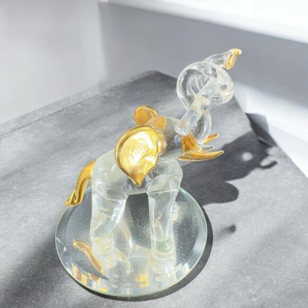 Whimsical Clear Elephant Figurine With Gold Paint Mirror Base‎ Figure Decoration